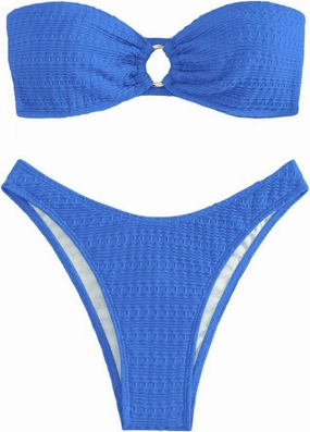 SHENHE Women's 2 Piece Bikini Set Summer Solid Ring Strapless Textured Bathingsuit