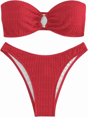 SHENHE Women's 2 Piece Bikini Set Summer Solid Ring Strapless Textured Bathingsuit