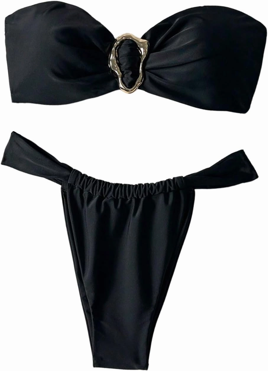 SHENHE Women's 2 Piece Strapless Swimsuit Metal Ring High Cut Thong Ruched Bandeau Bikini Set