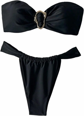 SHENHE Women's 2 Piece Strapless Swimsuit Metal Ring High Cut Thong Ruched Bandeau Bikini Set