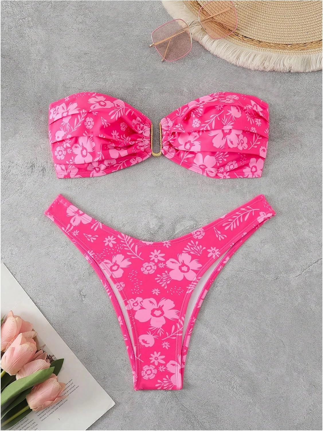 SHENHE Women's 2 Piece Strapless Swimsuit U Wire Floral Tie Back Ruched Bandeau Bikini with Thong Set