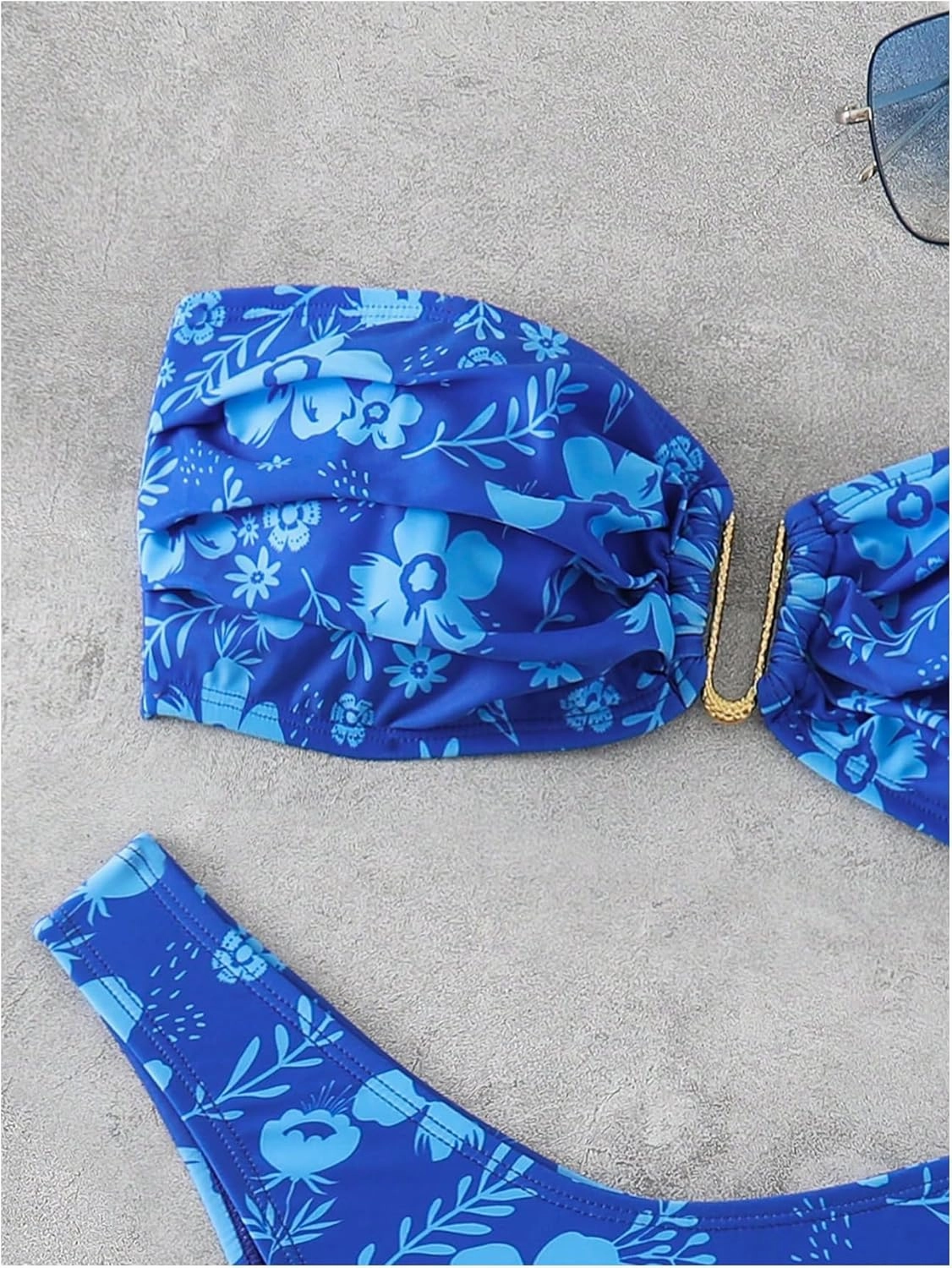 SHENHE Women's 2 Piece Strapless Swimsuit U Wire Floral Tie Back Ruched Bandeau Bikini with Thong Set