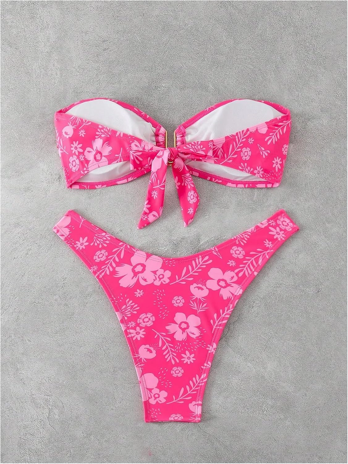 SHENHE Women's 2 Piece Strapless Swimsuit U Wire Floral Tie Back Ruched Bandeau Bikini with Thong Set
