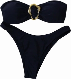 SHENHE Women's 2 Piece Strapless Swimsuits High Cut Metal Ring Tube Top Bandeau Bikini Set