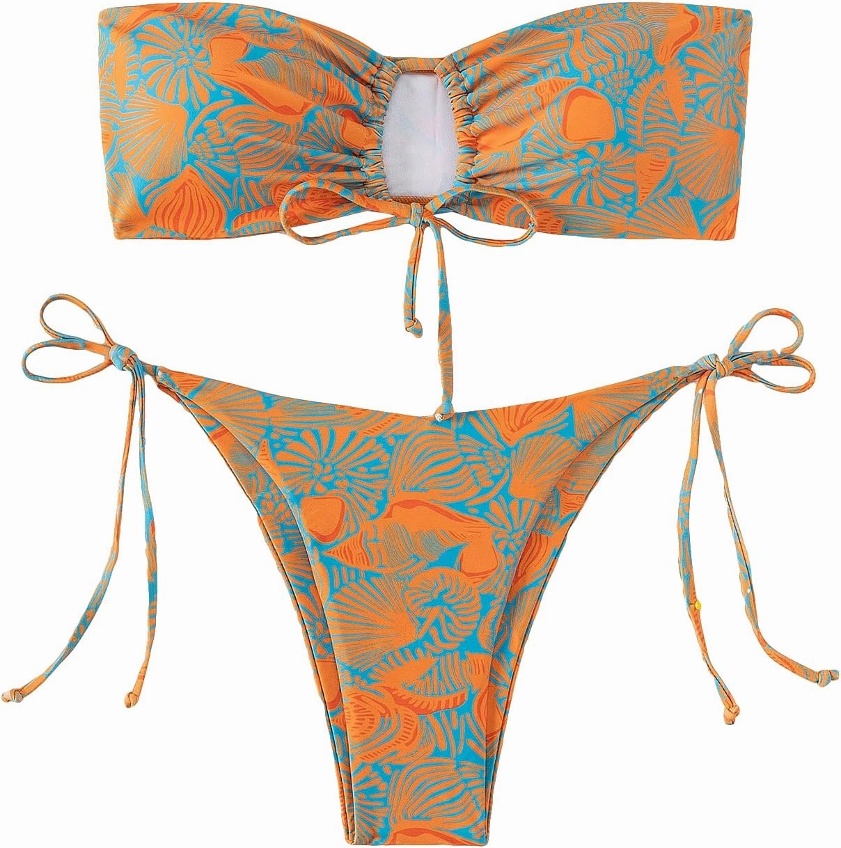 SHENHE Women's Strapless 2 Piece Tropical Swimsuit Drawstring Tie Side Bandeau Bikini