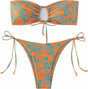 SHENHE Women's Strapless 2 Piece Tropical Swimsuit Drawstring Tie Side Bandeau Bikini