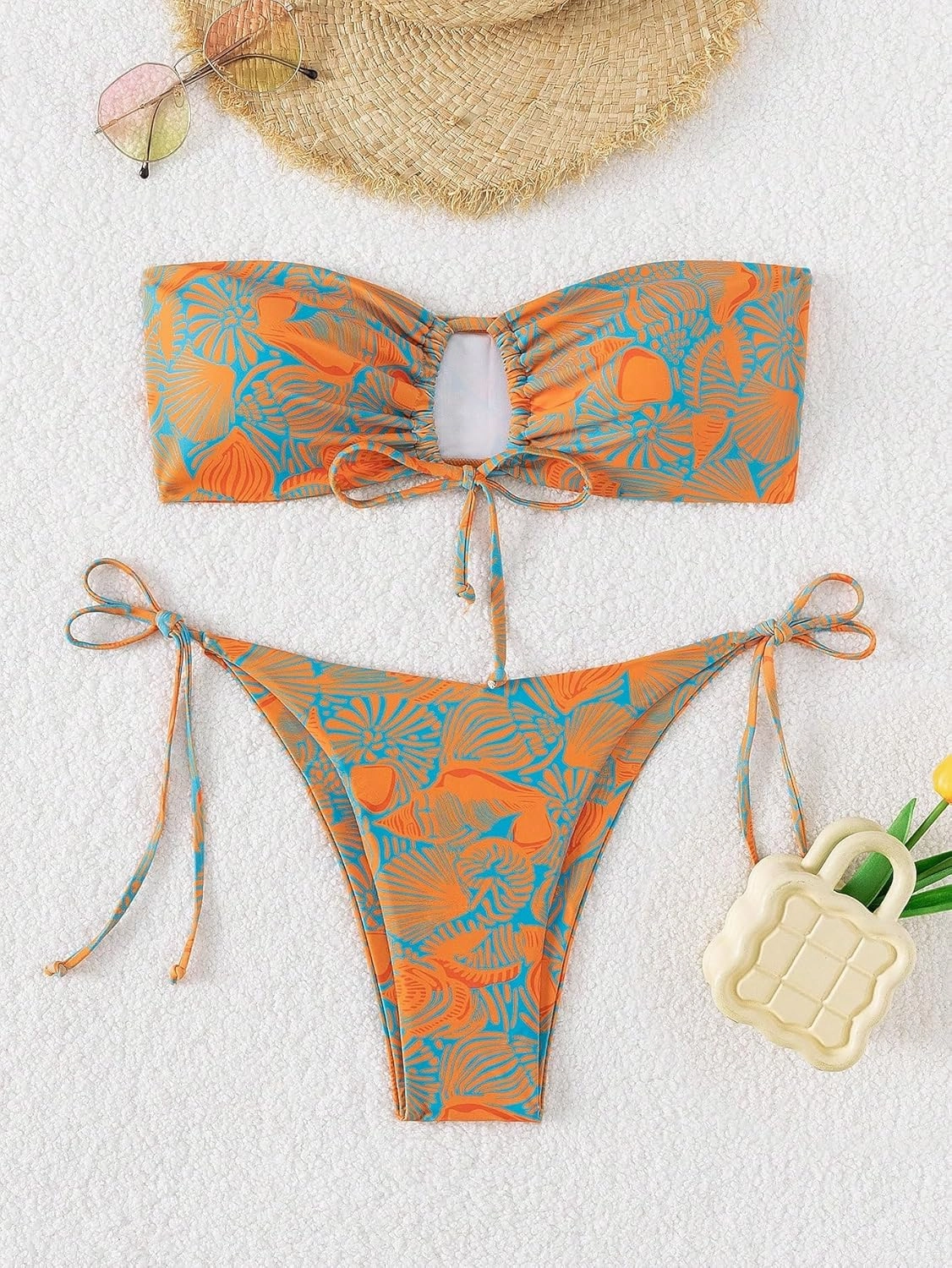 SHENHE Women's Strapless 2 Piece Tropical Swimsuit Drawstring Tie Side Bandeau Bikini