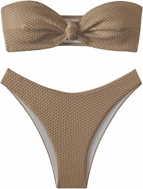 SHENHE Women's Strapless Tie Front 2 Piece Swimsuits Sexy Thong Bandeau Bikini Set