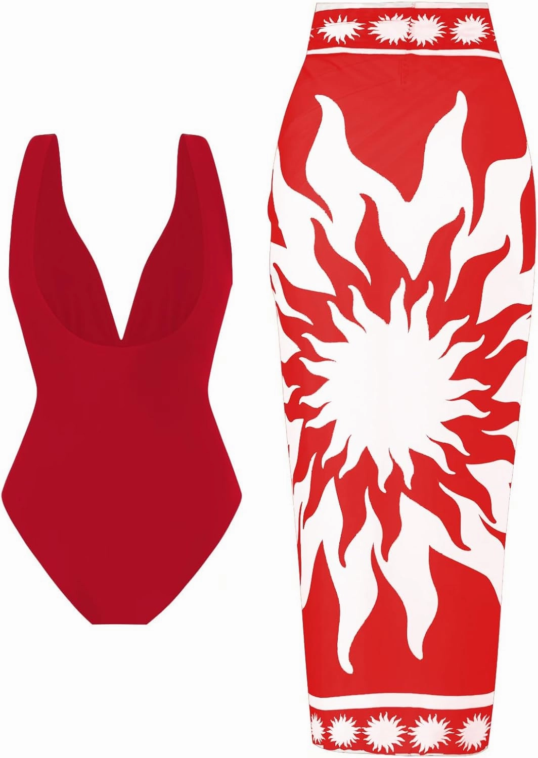 SherryDC One Piece Swimsuit with Cover up Wrap Skirt Sarong Floral Print Plunge V Neck Bathing Suit for Women