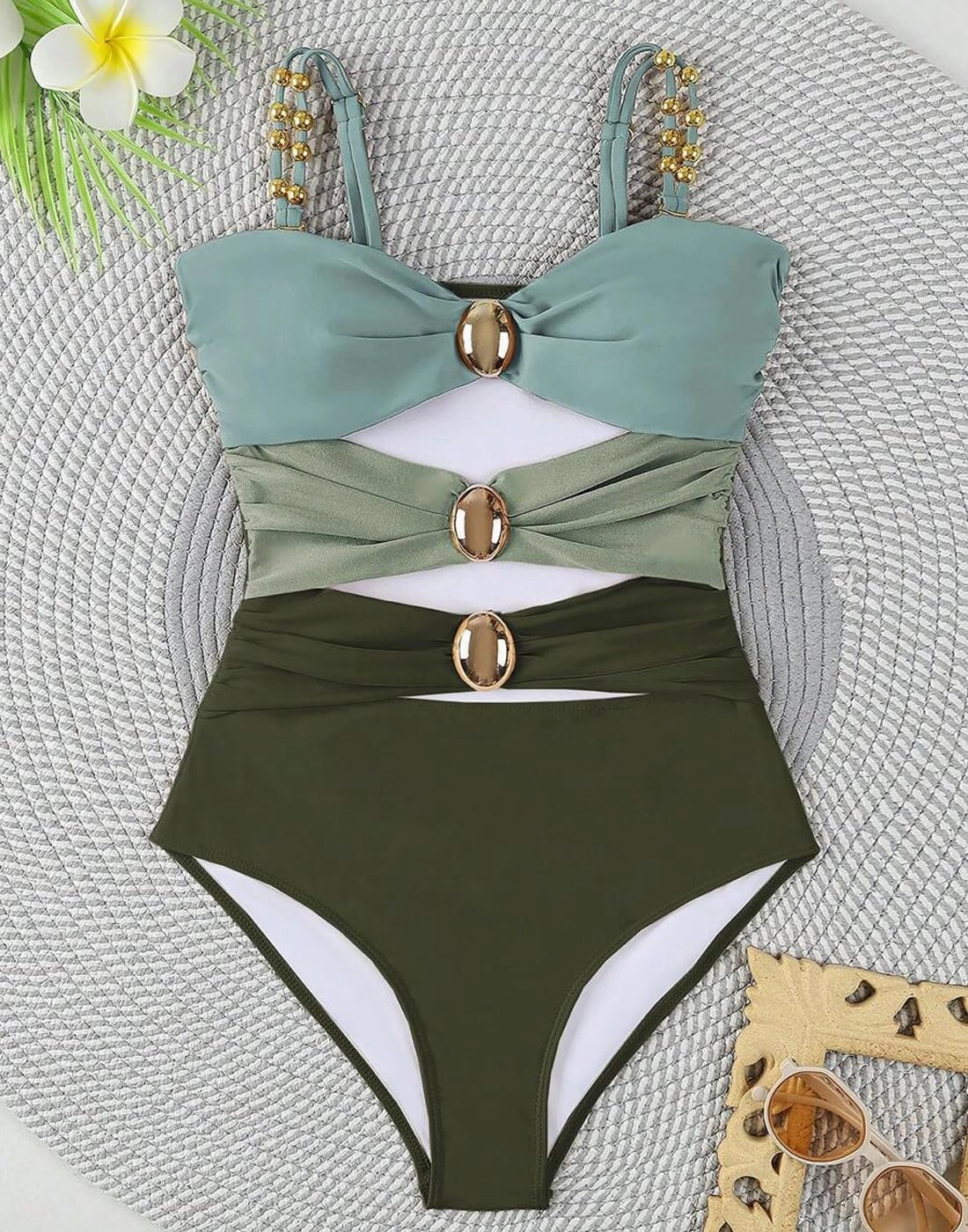 SherryDC Women's Cutout One Piece Swimsuit Bandeau Ruched Color Block High Waisted Bathing Suit with Removable Straps