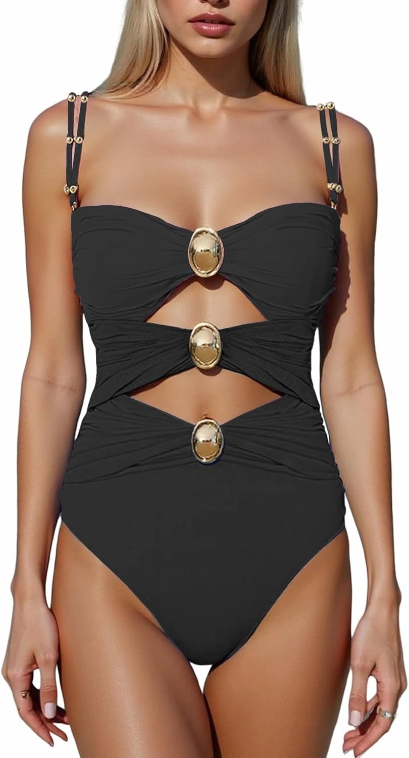 SherryDC Women's Cutout One Piece Swimsuit Bandeau Ruched Color Block High Waisted Bathing Suit with Removable Straps