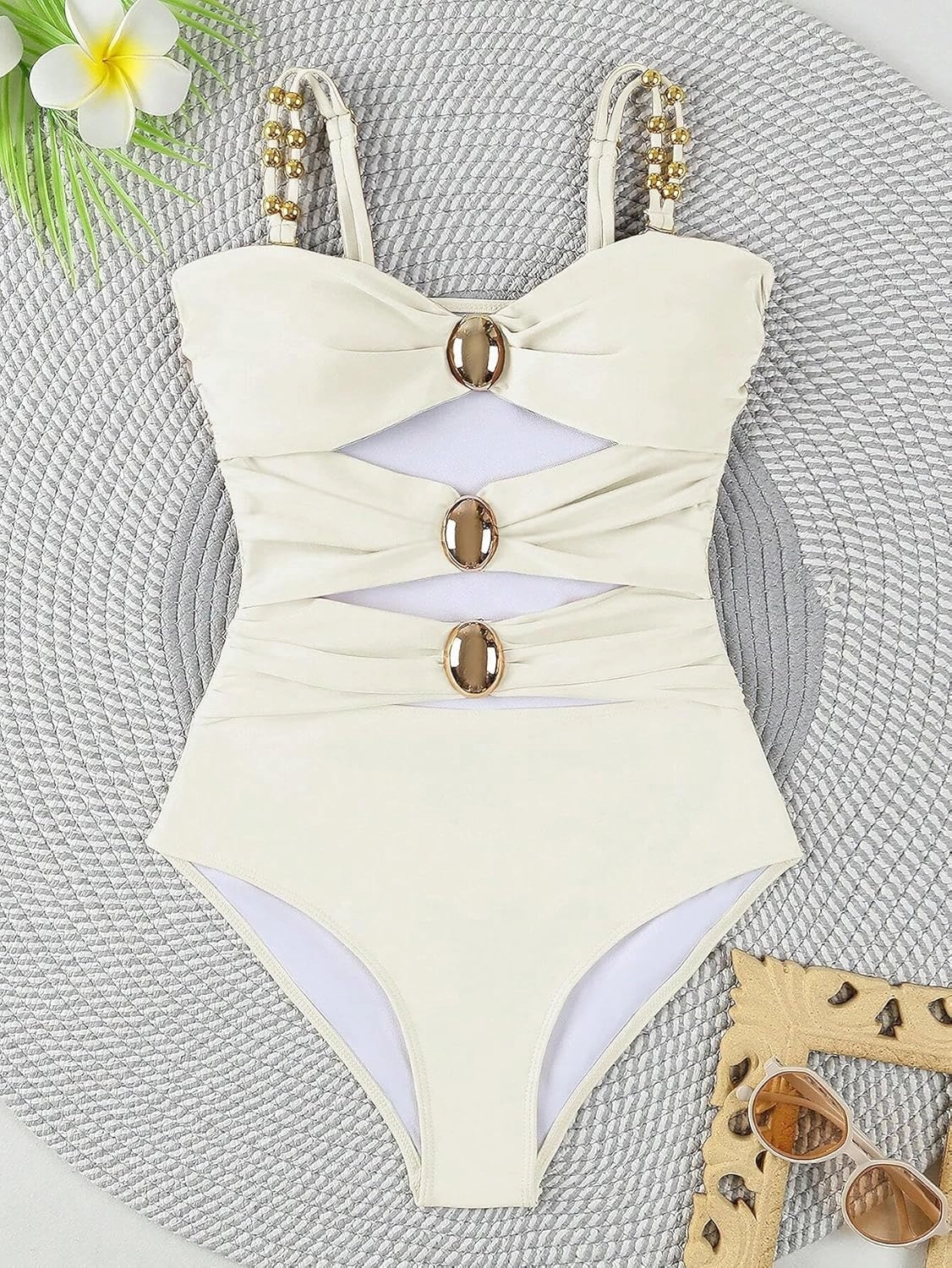 SherryDC Women's Cutout One Piece Swimsuit Bandeau Ruched Color Block High Waisted Bathing Suit with Removable Straps