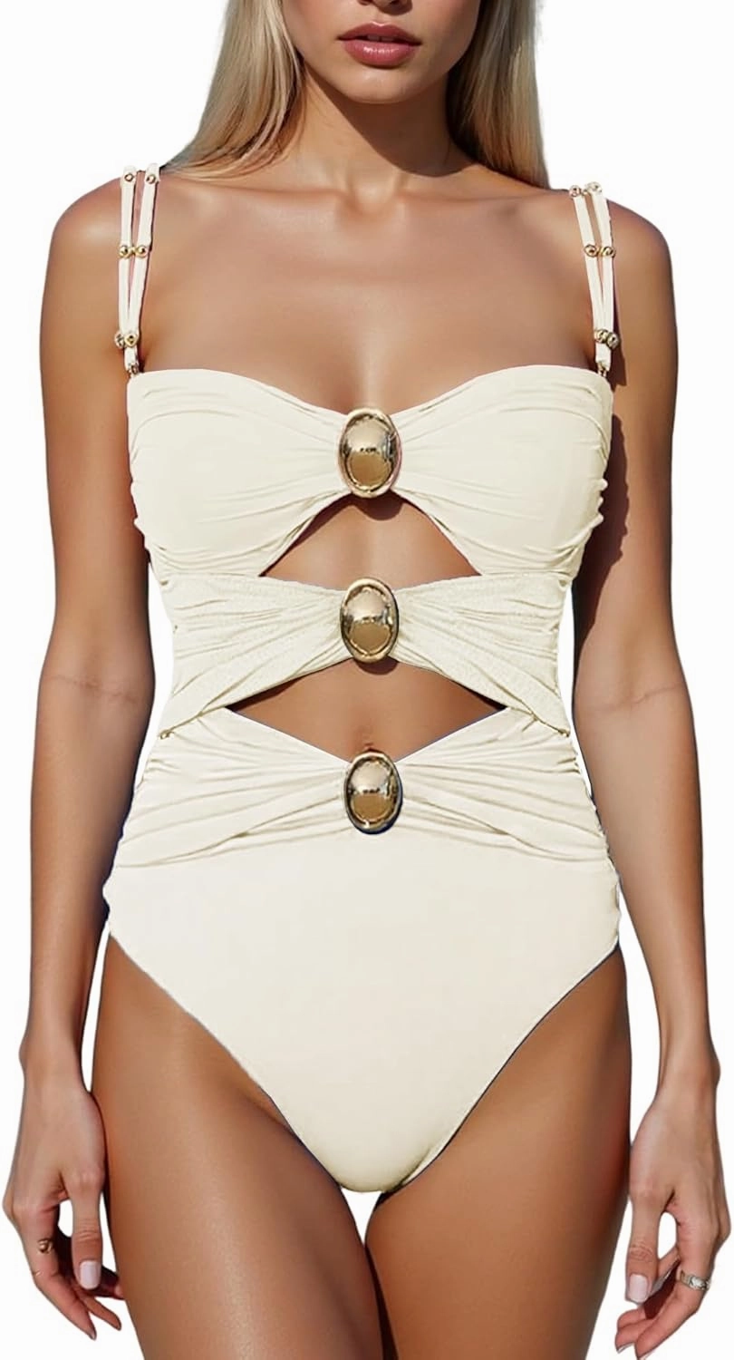 SherryDC Women's Cutout One Piece Swimsuit Bandeau Ruched Color Block High Waisted Bathing Suit with Removable Straps