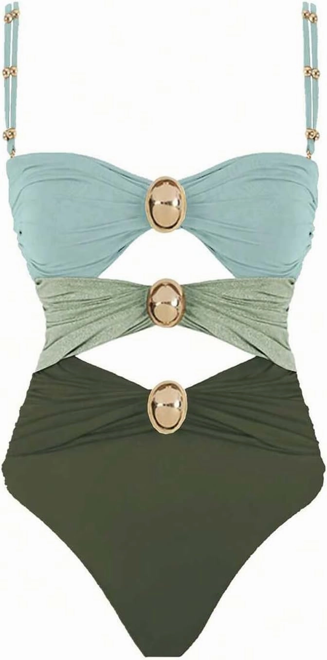 SherryDC Women's Cutout One Piece Swimsuit Bandeau Ruched Color Block High Waisted Bathing Suit with Removable Straps