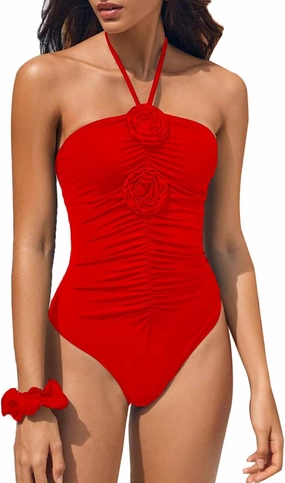 SherryDC Women's Ruched One Piece Swimsuit Tummy Control Halter Bandeau 3D Flower Bathing Suit