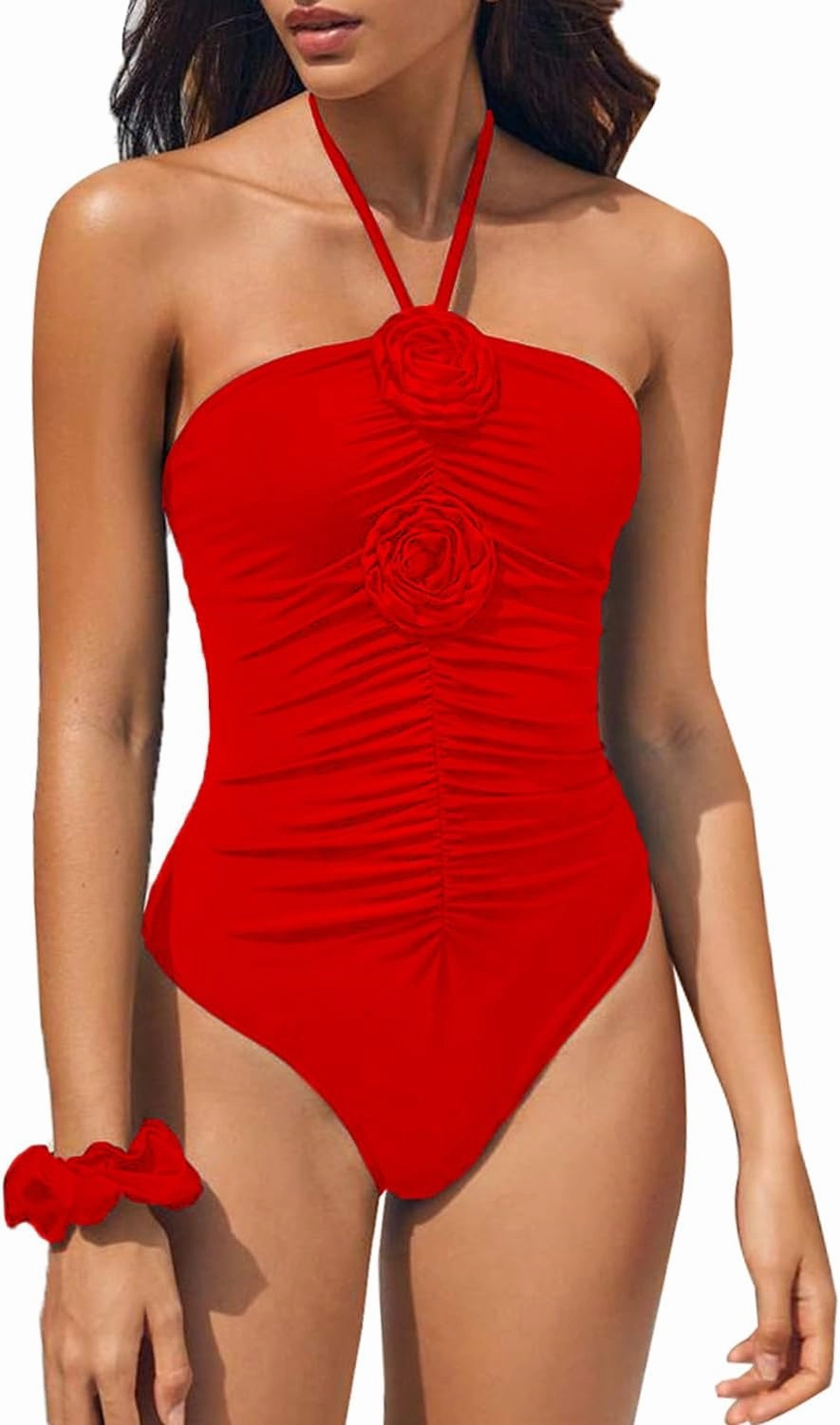 SherryDC Women's Ruched One Piece Swimsuit Tummy Control Halter Bandeau 3D Flower Bathing Suit