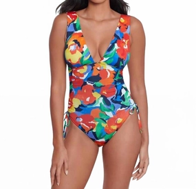 Shirred Plunge-Neck One Piece Swimsuit In Multi
