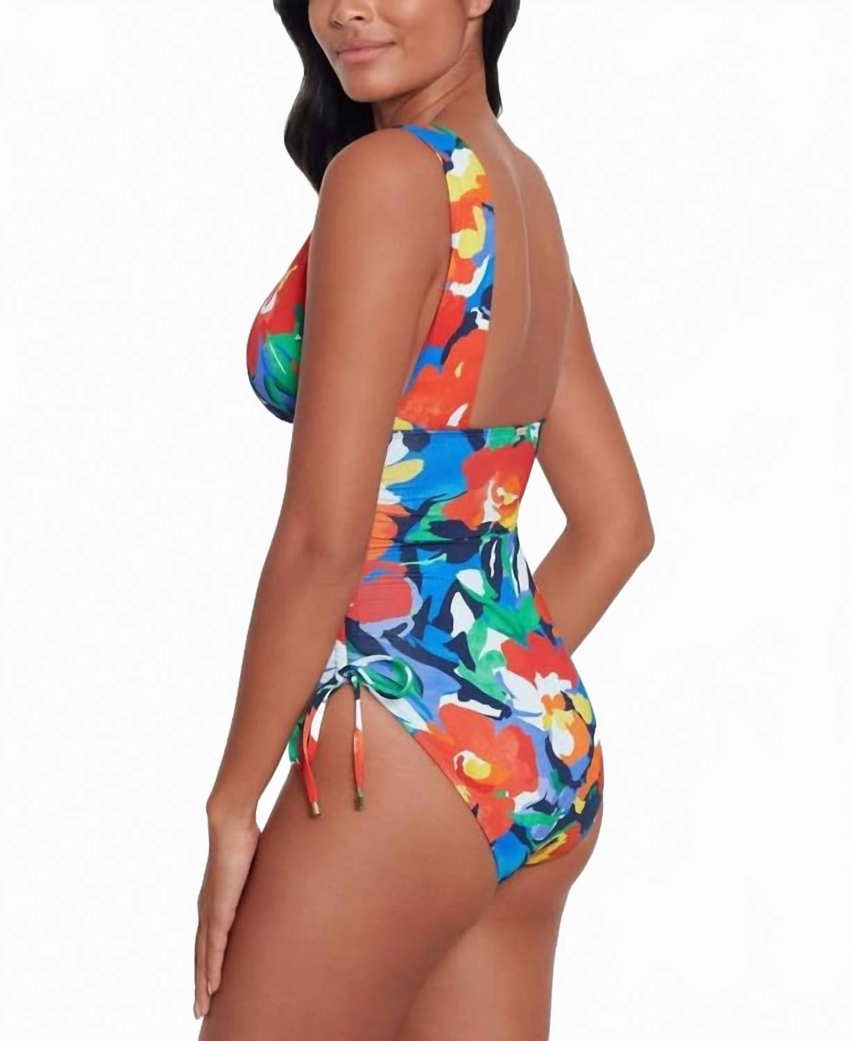 Shirred Plunge-Neck One Piece Swimsuit In Multi