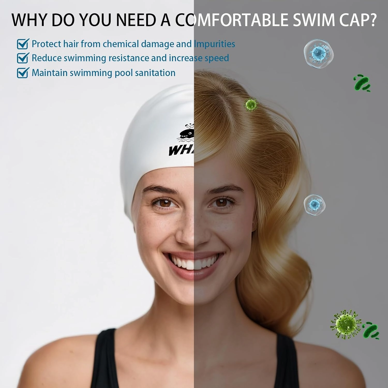 Silicone Swim Cap - Waterproof Non-Slip High Elasticity - Keeps Hair Dry Perfect for Men and Women Large Swimming Cap