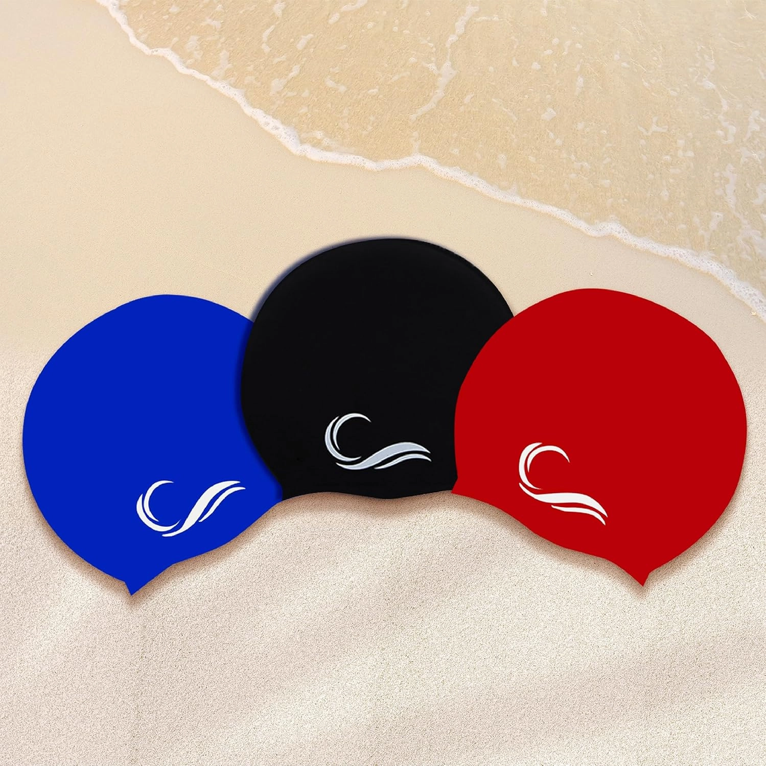 Silicone Swim Cap (Check Size Before Buying) - Waterproof Black, Red & Blue Swim Cap