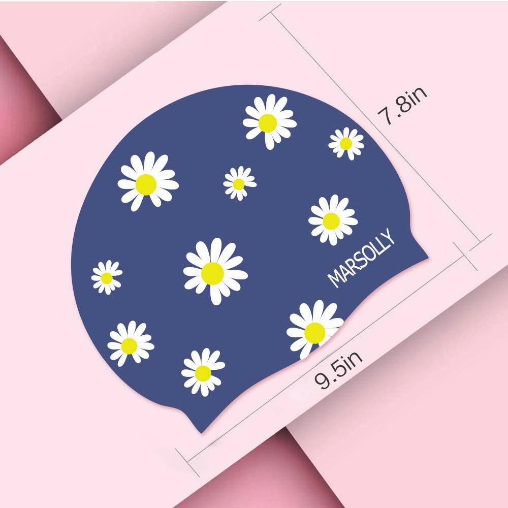 Silicone Swim Cap for Women, Waterproof Long Hair Swimming Caps with Flower Printed