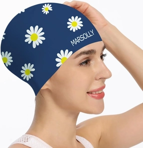 Silicone Swim Cap for Women, Waterproof Long Hair Swimming Caps with Flower Printed