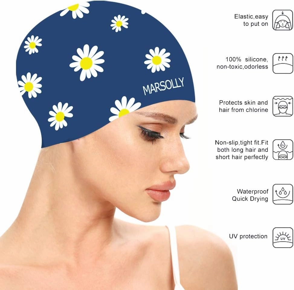 Silicone Swim Cap for Women, Waterproof Long Hair Swimming Caps with Flower Printed