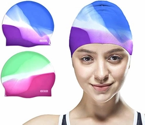 Silicone Swim Caps, 2 Pack Durable Comfortable Adult Swimming Cap Elastomeric for Women Man Short Hair Long Hair