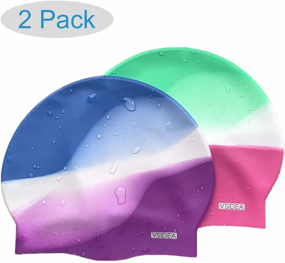 Silicone Swim Caps, 2 Pack Durable Comfortable Adult Swimming Cap Elastomeric for Women Man Short Hair Long Hair
