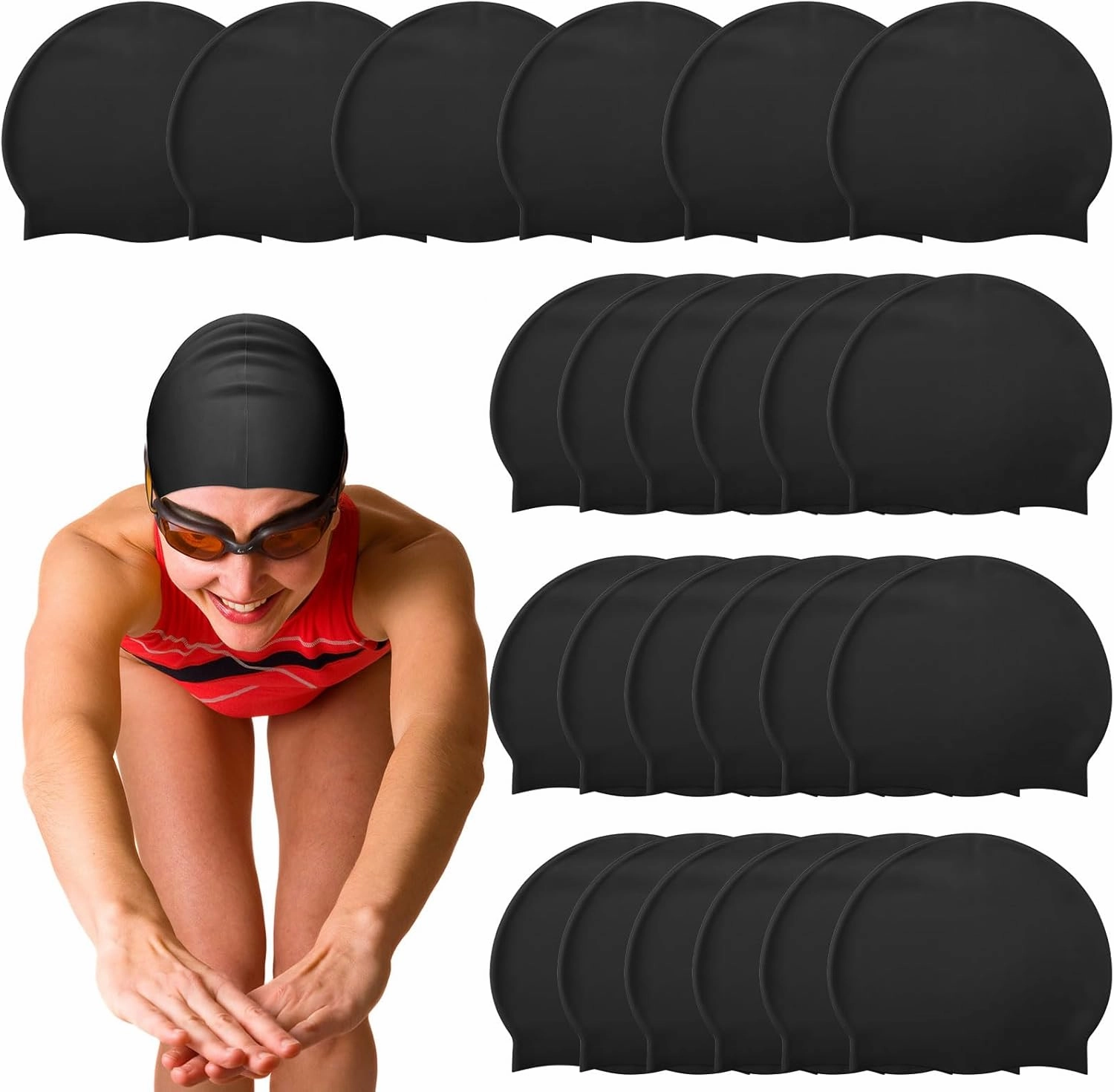 Silkfly 24 Pcs Unisex Adult Silicone Swim Cap for Men Women Waterproof Swimming Hat Durable Non Slip Elastic Wrinkle Free Pool Cap for Training and Racing Long and Short Hair