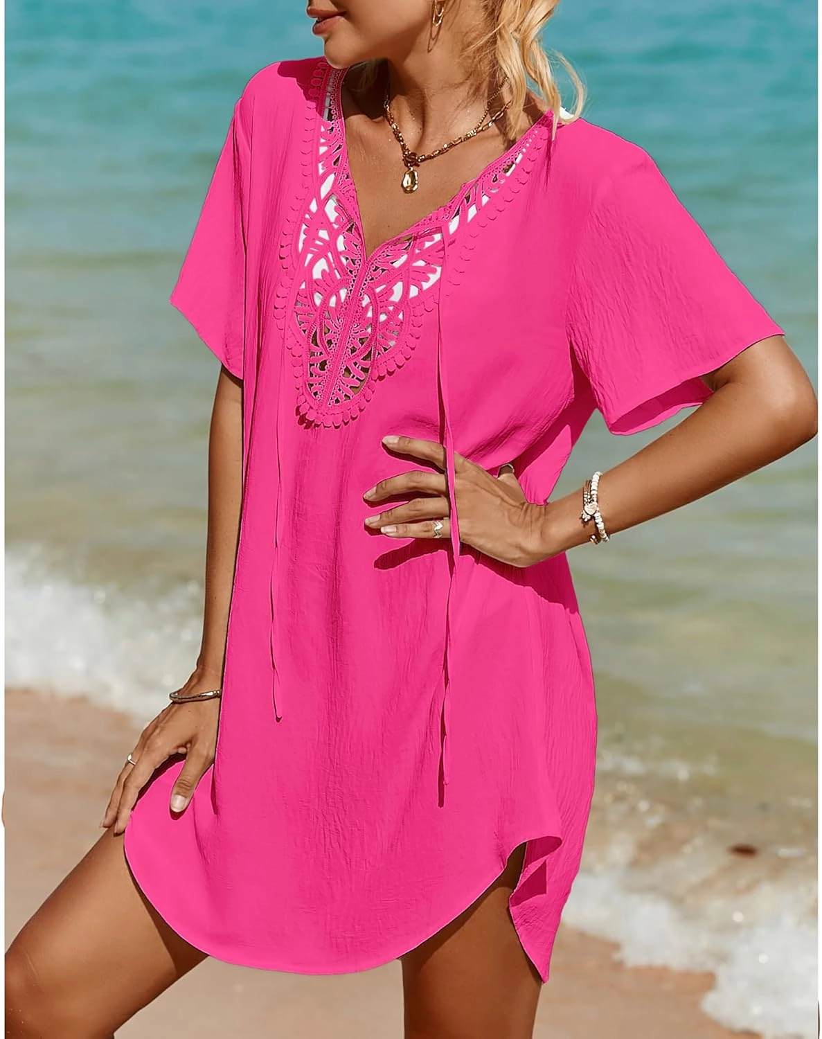 SimpleFun Womens Swimsuit Coverup Lace Crochet V Neck Bathing Suit Cover Up Dress Beach Cover Ups for Swimwear