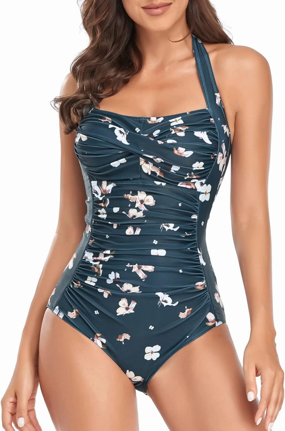 Smismivo Tummy Control Swimwear Halter One Piece Slimming Vintage Retro Swimsuit Womens Ruched Push Up Bathing Suit