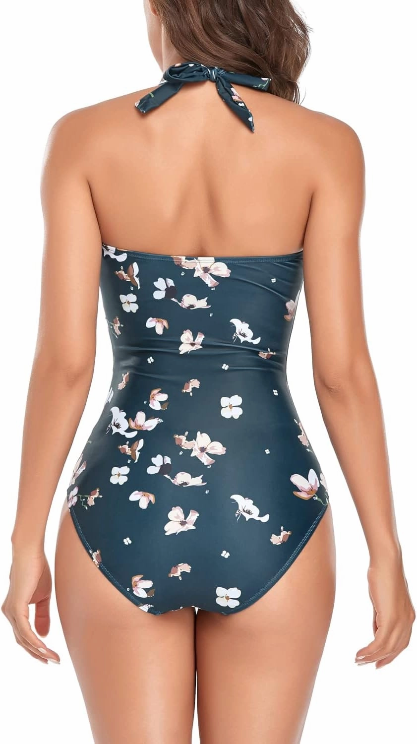 Smismivo Tummy Control Swimwear Halter One Piece Slimming Vintage Retro Swimsuit Womens Ruched Push Up Bathing Suit