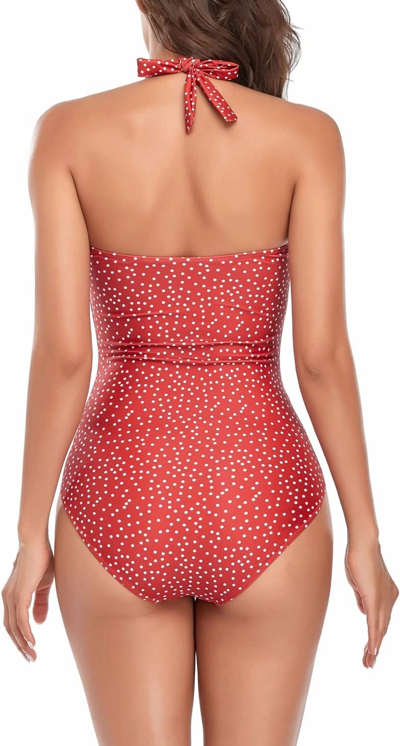 Smismivo Tummy Control Swimwear Halter One Piece Slimming Vintage Retro Swimsuit Womens Ruched Push Up Bathing Suit