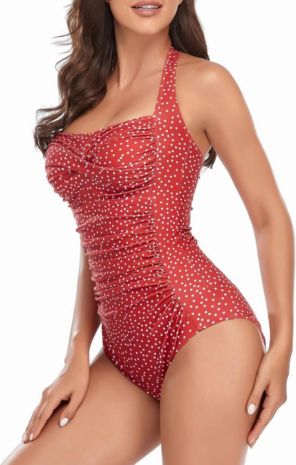 Smismivo Tummy Control Swimwear Halter One Piece Slimming Vintage Retro Swimsuit Womens Ruched Push Up Bathing Suit