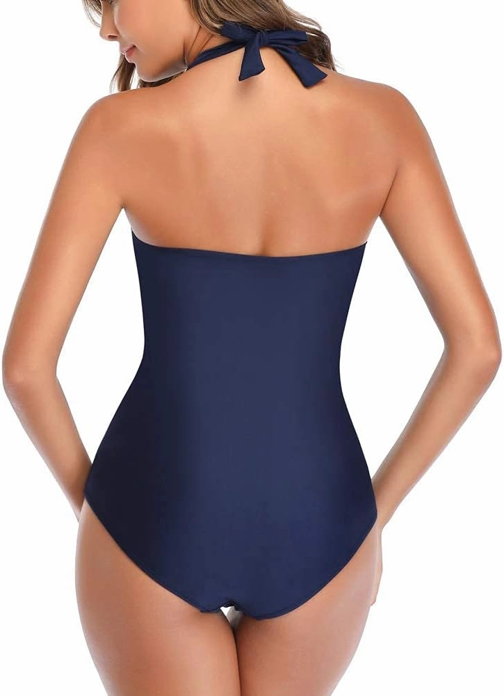 Smismivo Tummy Control Swimwear Halter One Piece Slimming Vintage Retro Swimsuit Womens Ruched Push Up Bathing Suit