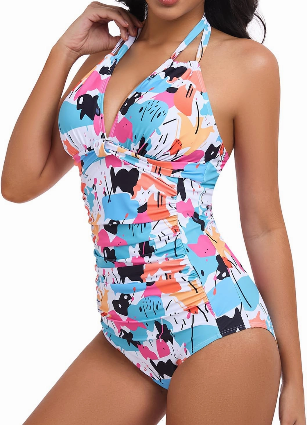 Smismivo Women's Tummy Control One Piece Swimsuits Long Torso Curvy Halter Bathing Suit