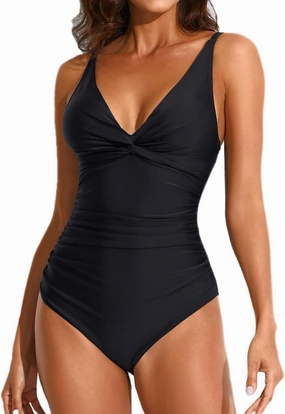 Smismivo Women's Tummy Control Swimsuit One Piece Slimming Ruched Push Up Bathing Suit Vintage Padded Retro V Neck Swimwear