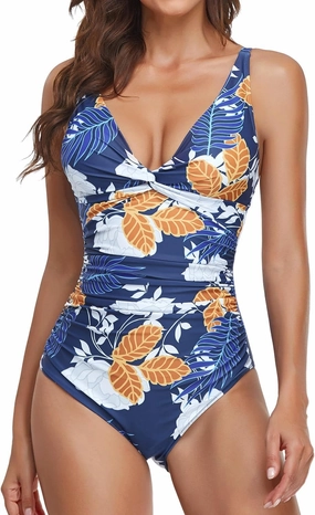 Smismivo Women's Tummy Control Swimsuit One Piece Slimming Ruched Push Up Bathing Suit Vintage Padded Retro V Neck Swimwear