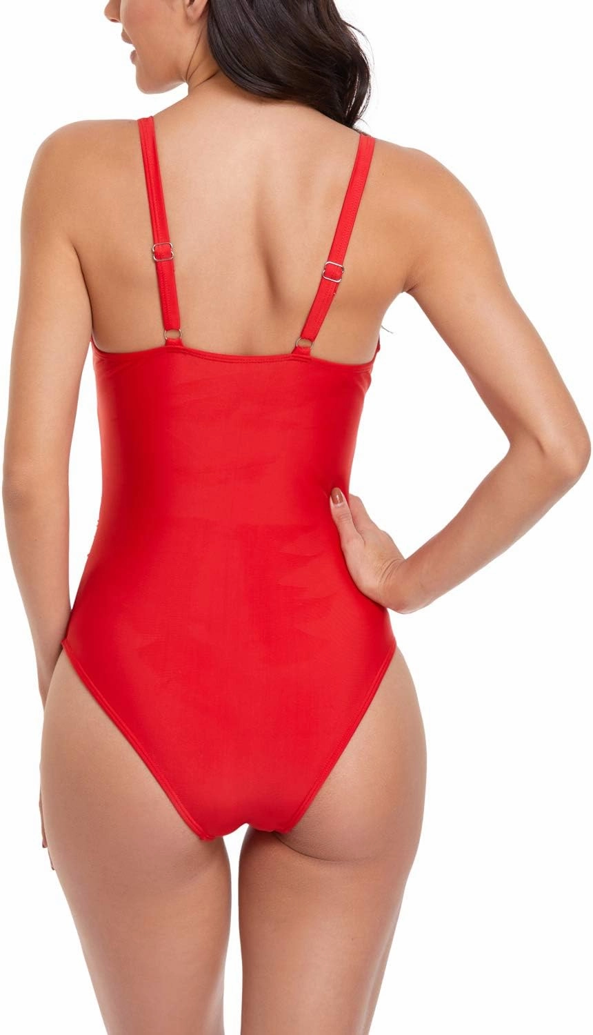 Smismivo Women's Tummy Control Swimsuit One Piece Slimming Ruched Push Up Bathing Suit Vintage Padded Retro V Neck Swimwear