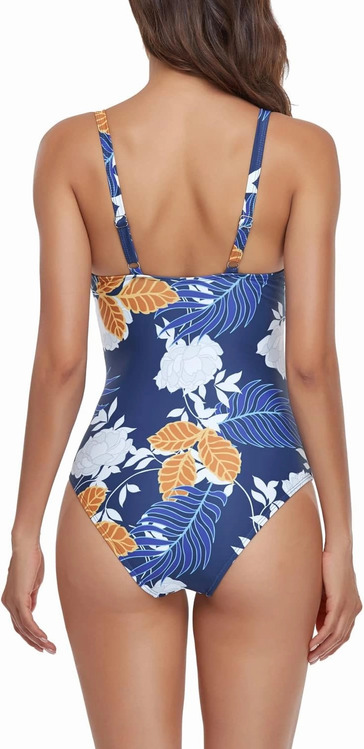 Smismivo Women's Tummy Control Swimsuit One Piece Slimming Ruched Push Up Bathing Suit Vintage Padded Retro V Neck Swimwear