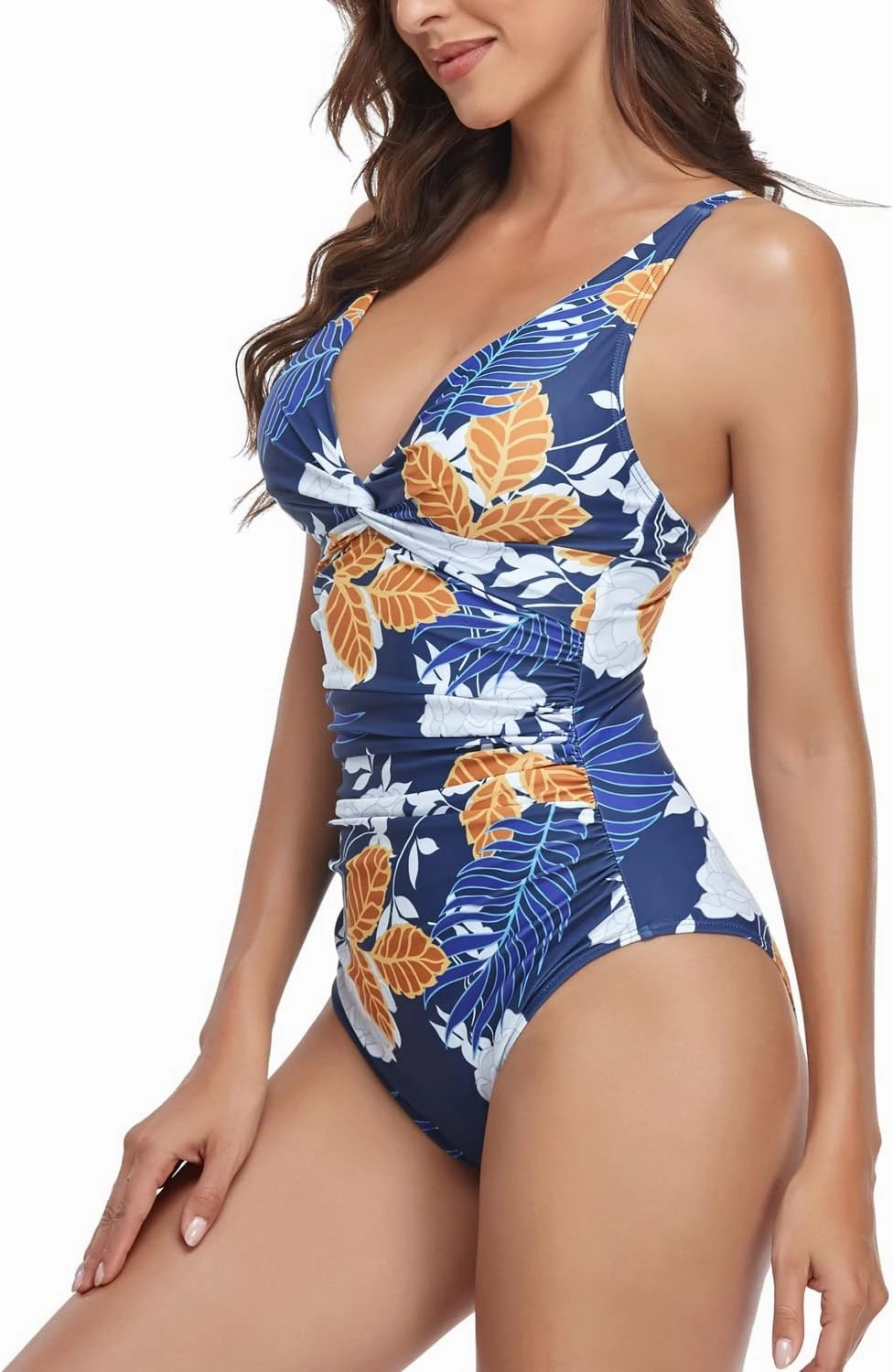 Smismivo Women's Tummy Control Swimsuit One Piece Slimming Ruched Push Up Bathing Suit Vintage Padded Retro V Neck Swimwear
