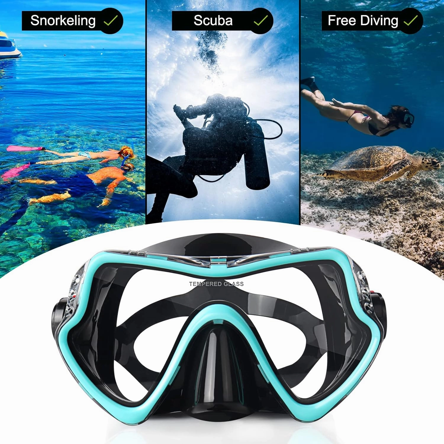 Snorkel Diving Mask, Professional Snorkeling Mask Gear, Ultra Clear Lens with Wide View Tempered Glass Goggles,Anti Leakage Scuba Mask, Silicone Swimming Goggles Mask for Adults, 3 Color