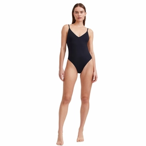 Solid V-Neck One Piece Swimsuit With Strap Back Detail With Back Detail