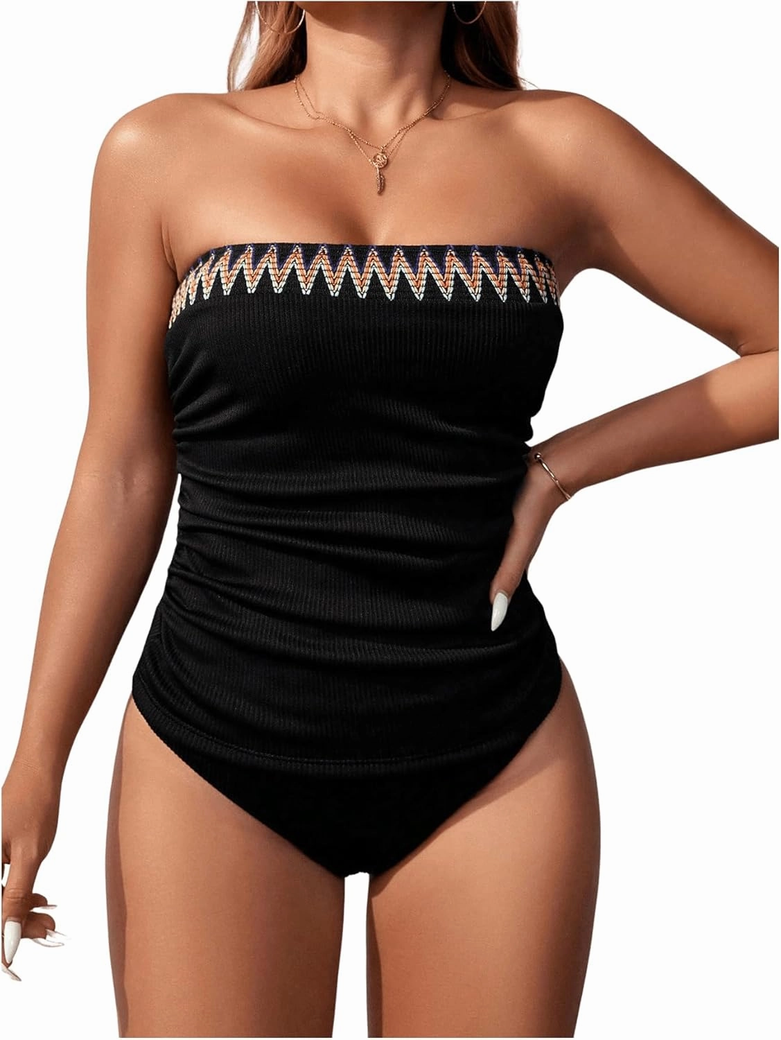 SOLY HUX Strapless Tankini Swimsuits for Women Boho Bandeau Bikini Tummy Control Two Piece Modest Bathing Suits
