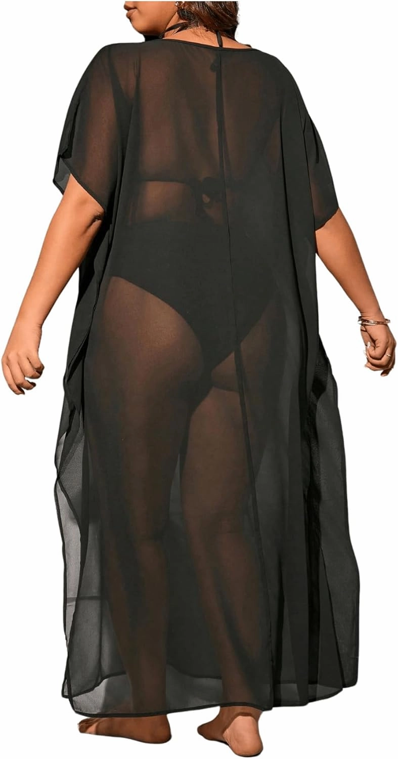 SOLY HUX Women's Plus Size Cover Up Dress Mesh Sheer Split Short Sleeve Swimsuit Bathing Suit