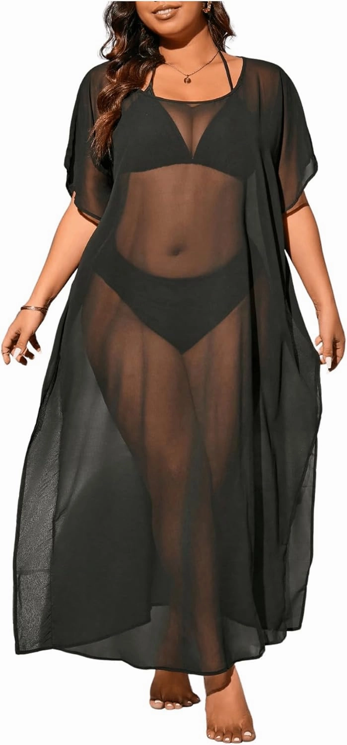SOLY HUX Women's Plus Size Cover Up Dress Mesh Sheer Split Short Sleeve Swimsuit Bathing Suit