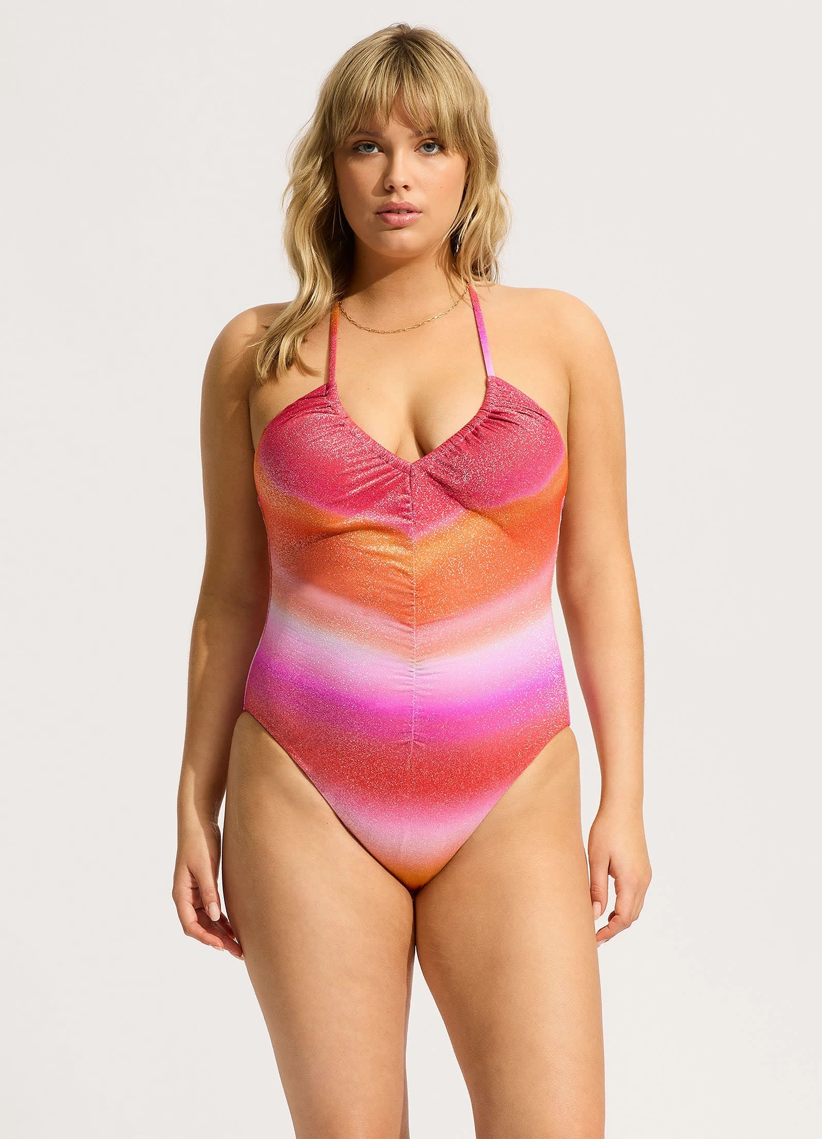Spectrum Drawstring V Neck One Piece - Hot Pink