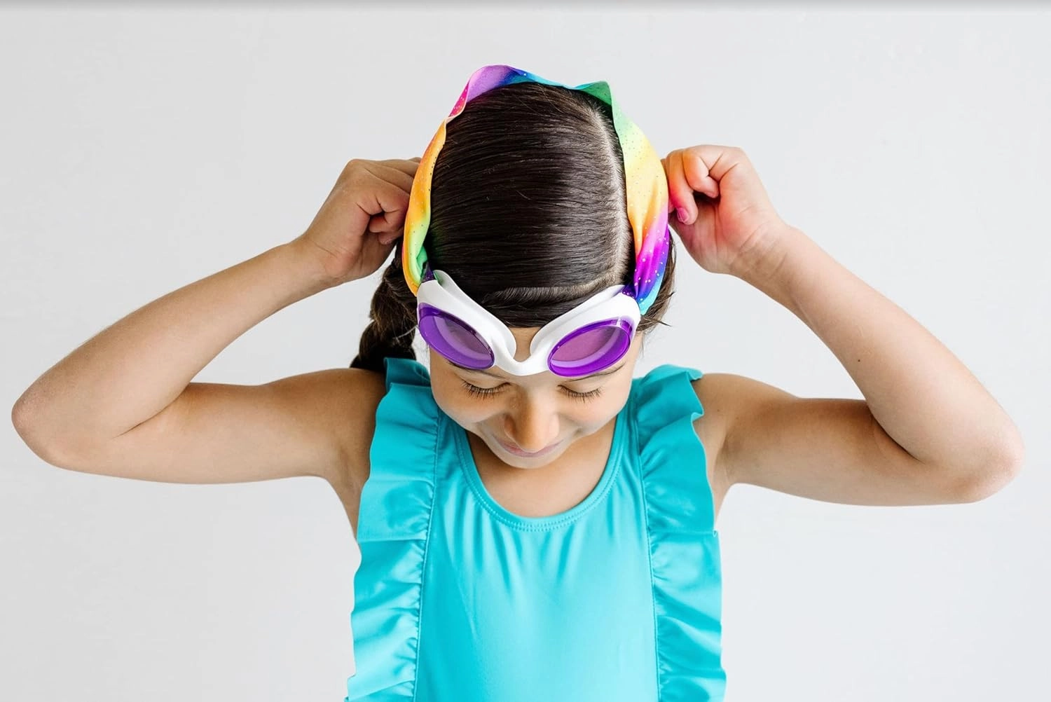 Splash Place SWIM GOGGLES with Fabric Strap - Adult & Kids Swim Goggles - BLUES & GREENS