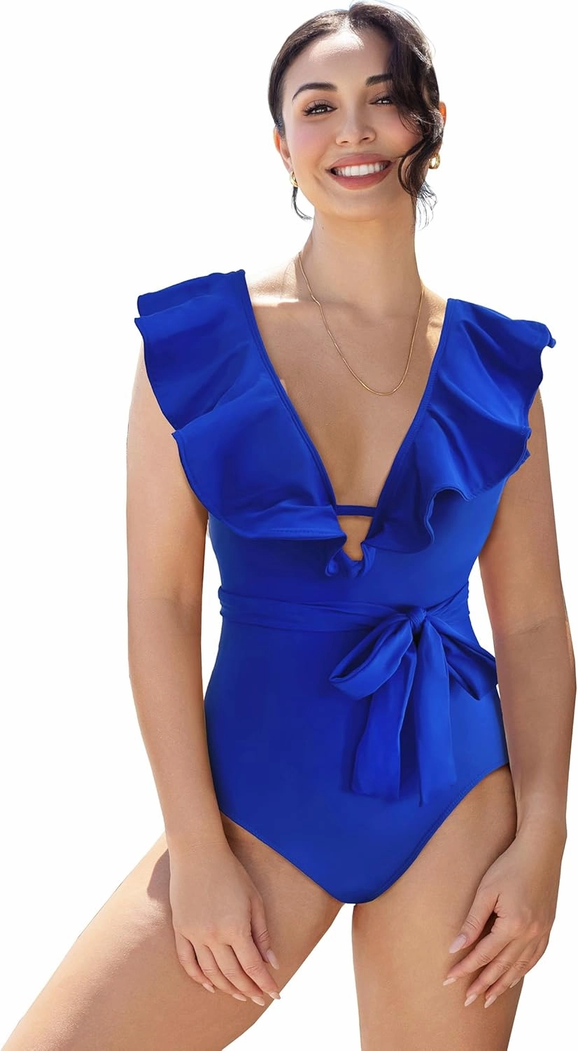 SPORLIKE Women One Piece Swimsuit V-Neck Ruffle Bathing Suit Padded Monokini